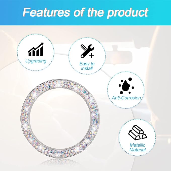 Bling Crystal Rhinestone Engine Start Ring Decals, 2 Pack Push Start Button Cover/Sticker, Key Ignition Knob Bling Ring, Sparkling Car Interior Accessories for Women (AB)