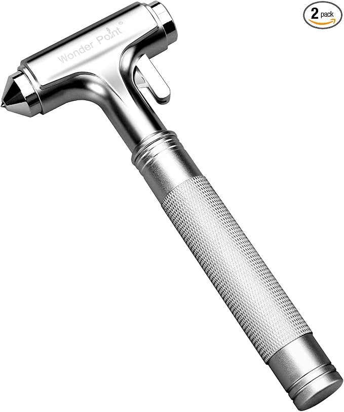 Premium Car Glass Breaker with Seat Belt Cutter - Automotive Safety Hammer - Emergecy Escape Tool, Car Autoaccessory Metal Window Hammer(Silver 2 Pack)
