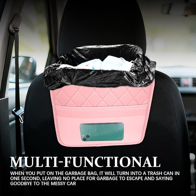 Car Seat Back Organizer, Car Organizers and Storage, PU Leather Vehicle Backseat Hanging Storage Pocket, Multipurpose Auto Organizer Hanging Universal for Most Vehicles (Pink)