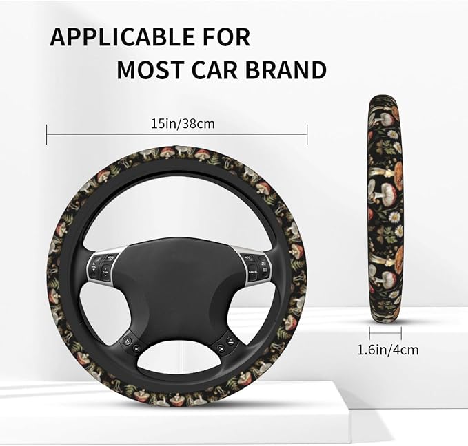 Vintage Forest Mushroom Steering Wheel Cover For Women Men Girls, Universal 15 Inch Anti Slip Steering Wheel Protector Car Accessories Interior For Auto Truck Suv