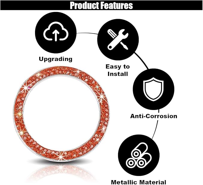 Car Bling Crystal Rhinestone Engine Start Decoration, Start Button Cover Sticker, Key Ignition & Knob Ring Decoration, Bling Car Interior Accessories for Women (Orange)