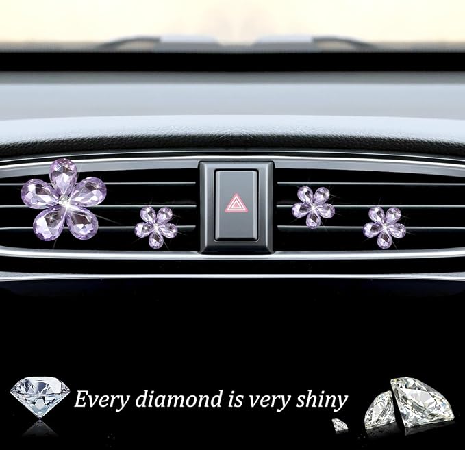 Zpana Bling Daisy Flower Car Air Vent Clips, 5PCS Sparkling Crystal Rhinestone Cute Vehicle Air Conditioning Clamp, Diamond Auto Air Outlet Clip Decor for Women Girls, Universal Fit (Purple)
