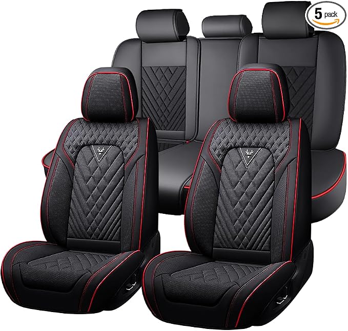 Fit for Toyota Prius Seat Covers 2001-2026,Nappa Leather, 360° Full Protection, Thick Padding & Memory Foam, Waterproof & Stain-Resistant Car Seat Cover Full Set (5 Seat,Black&Red)