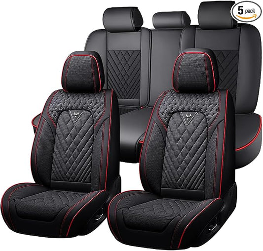 Fit for Toyota Prius Seat Covers 2001-2026,Nappa Leather, 360° Full Protection, Thick Padding & Memory Foam, Waterproof & Stain-Resistant Car Seat Cover Full Set (5 Seat,Black&Red)