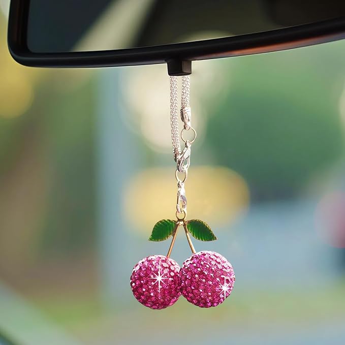 Bling Cherry Car Hanging Ornament, Cute Crystal Rear View Mirror Pendant, Sparkly Diamond Rearview Mirror Charms, Lucky Car Interior Decor Accessories (Purple)