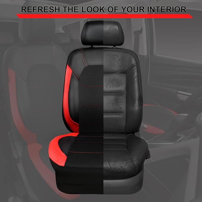 CAR PASS Leather Car Seat Covers Front Seats Only, with Air Mesh Front Seat Covers Breathable, Cool Automotive Seat Covers 2 Pack, Universal Fit Most Cars,SUV,Truck,Van Airbag Compatible(Black & Red)