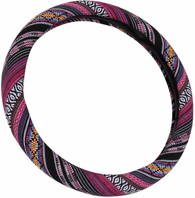 SHIAWASENA Car Steering Wheel Cover, Coarse Flax Cloth, Ethnic Style, Universal 15 Inch Fit, Anti-Slip Sweat-Absorbent (H#)