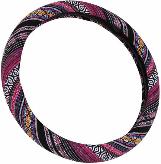 SHIAWASENA Car Steering Wheel Cover, Coarse Flax Cloth, Ethnic Style, Universal 15 Inch Fit, Anti-Slip Sweat-Absorbent (H#)
