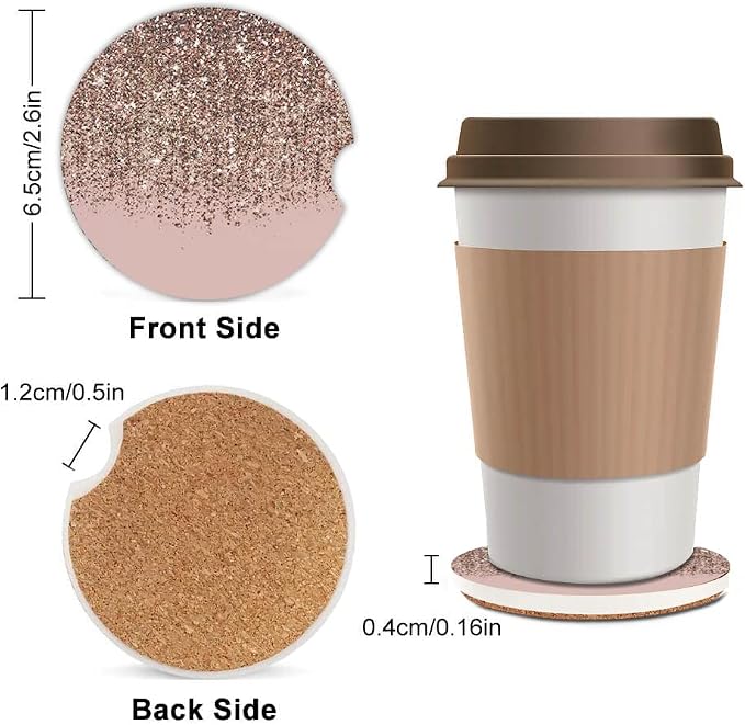 2 Pack Absorbent Car Coasters for Cup Holders,Ceramic Coasters with Cork Back and Finger Slot,Fashion Cupholder Accessories to Keep Your Car Cup Holders Clean and Dry 2.56"(Blush Rose Gold Pattern)