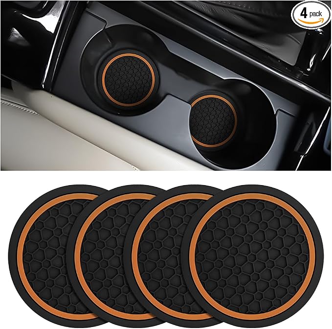 Mandark 4PCS Car Cup Holder Coasters, 2.75 Inch Non-Slip Insert Water Bottle Holder Pads, Dustproof Automotive Interior Accessories Mat, Universal for Vehicles, Trucks, RVs and More (Black/Orange)