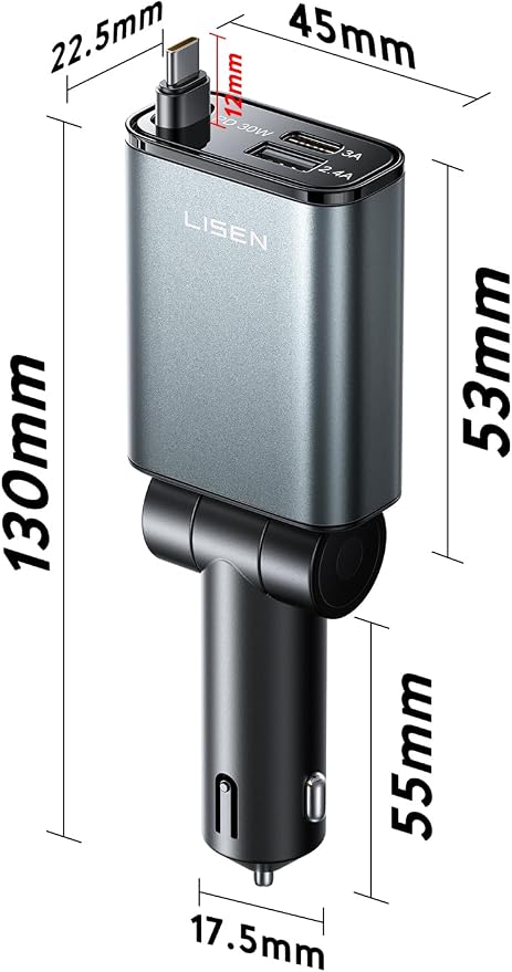LISEN Car Charger USB C Fast Charge, [Single-Port] Retractable Car Charger USB C, RV Power Adapters for Women Men Phone Type C Charging for iPhone 17 Pro Max 16 15 Samsung S26 S25, MacBook Neo | 54W Car Phone Type C Charging with 30W USB C Cable RV Pow...