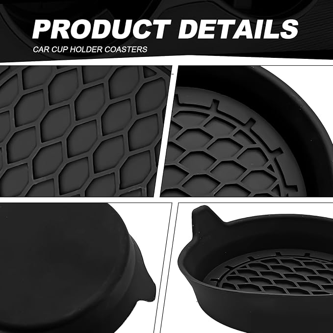 4-Pack Universal Cup Holder Coasters, Black Silicone Inserts - Keep Your Car Clean with Non-Slip & Spill-Proof Coasters for All Vehicles (Black)