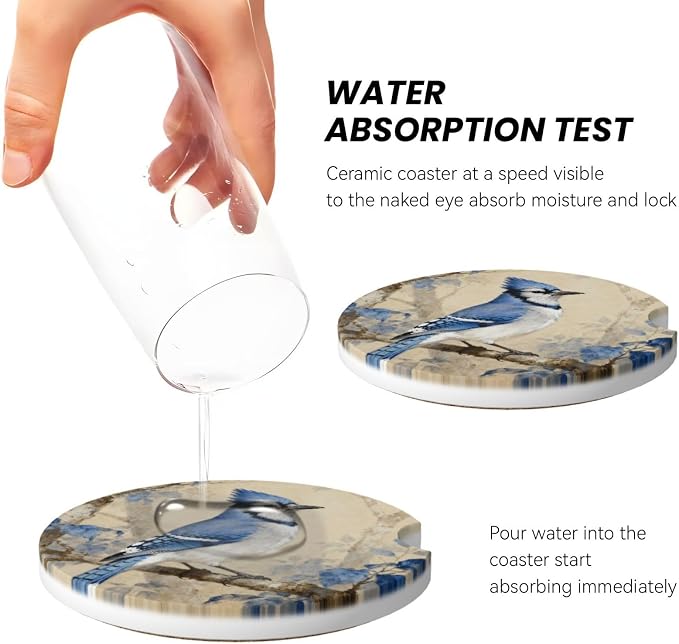 Blue Bird Tree 2 Pack Car Cup Holder Coasters Absorbent Ceramic Drink Coasters 2.56" Universal Anti Slip Cup Mat with Cork Base and Finger Notch Auto Accessories Interior for Women Men