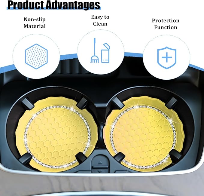 HZEL 4PCS Bling Car Cup Holder Coaster, Shiny Crystal Rhinestone Silicone Dustproof Drink Cup Insert Pad, Dazzling Automotive Interior Water Bottle Holder Embedded Mat, Universal Fit (Yellow)