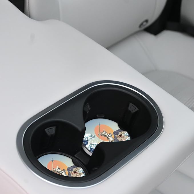 Car Coasters Pack of 2,Absorbent Ceramic Car Coasters Set for Women/Men,Drink Cup Holder Coasters,with A Finger Notch for Easy Removal(Cat and Dinosaur)