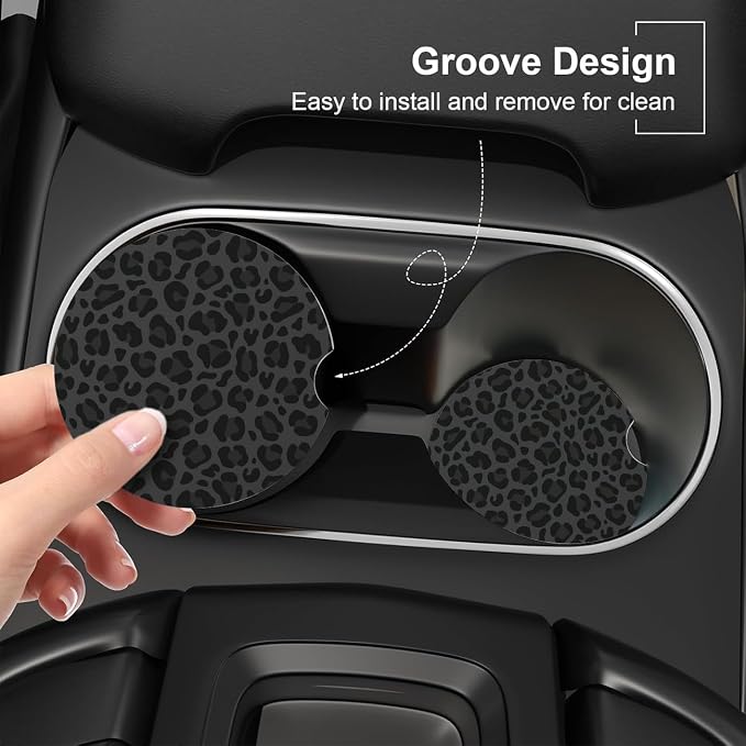 Ceramic Car Coasters – Absorbent Car Cup Holder Coaster Set for Women, Cute Aesthetic Car Accessories for Girls, 2 Pack (Soft Black)