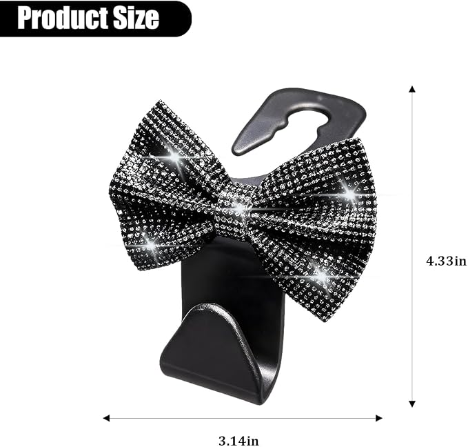 2PCS Bling Bow Headrest Hooks, Car Seat Bag Hangers, Black | Pvc and rhinestone construction, butterfly bow decoration, rear seat storage, bag and coat hanging, car interior accessories