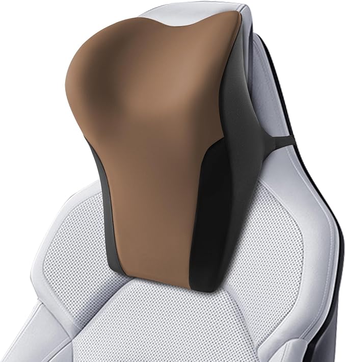 BABUR Car Headrest Pillow, Ergonomic Neck Support for Driving Seat 1 Pcs | Brown,100% Memory Foam,Universal Fit,Softness,Adjustable Strap,Breathable Removable Cover,Car Rest Pillow for Pain Relief