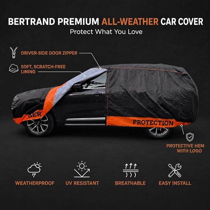 BERTRAND Heavy Duty SUV Car Cover Waterproof All Weather - Snow, Rain & UV Outdoor Protection | Cotton-Lined, Up to 8-Point Anchoring + Zipper Access | Extra Large SUVs, Black-Orange (207x77, S3)