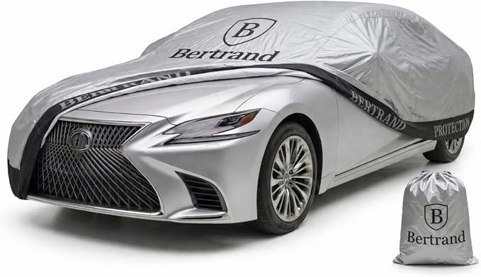 BERTRAND Heavy Duty Sedan Car Cover Waterproof All Weather - Snow, Rain & UV Outdoor Protection | Cotton-Lined, Up to 10-Point Anchoring + Door Zipper | XXL Sedans, Silver-Black (213x79, A4)