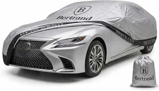 BERTRAND Heavy Duty Sedan Car Cover Waterproof All Weather - Snow, Rain & UV Outdoor Protection | Cotton-Lined, Up to 10-Point Anchoring + Door Zipper | XXL Sedans, Silver-Black (213x79, A4)