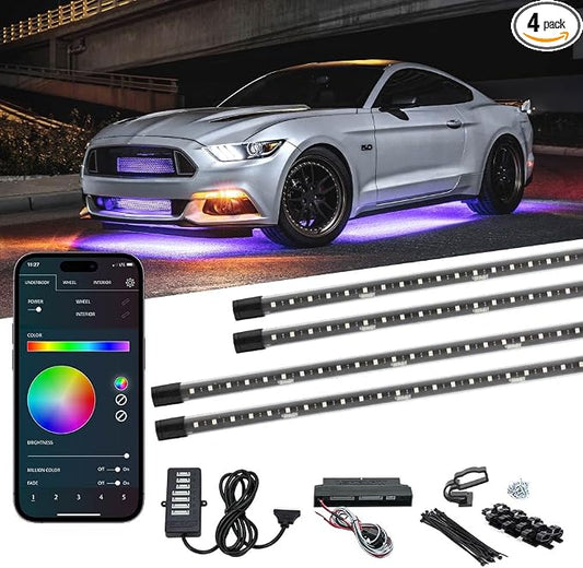 LEDGlow Bluetooth 4pc Million Color LED Car Underglow Lighting Kit | Underbody Neon Accent Lights Include Smartphone App, Color Wheel, Modes, Courtesy Lights & More