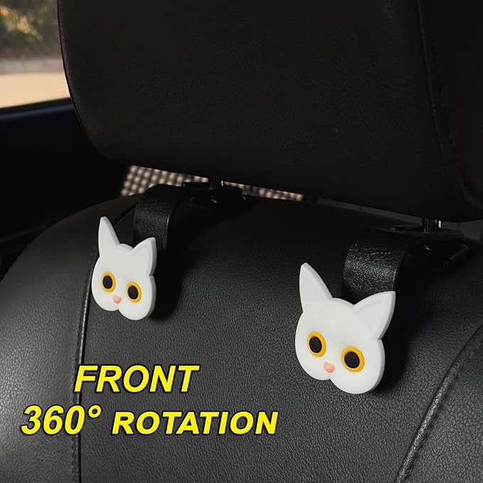 Cat Car Seat Headrest Hooks, White, 2 Pack | Cute Cartoon Cat Hook