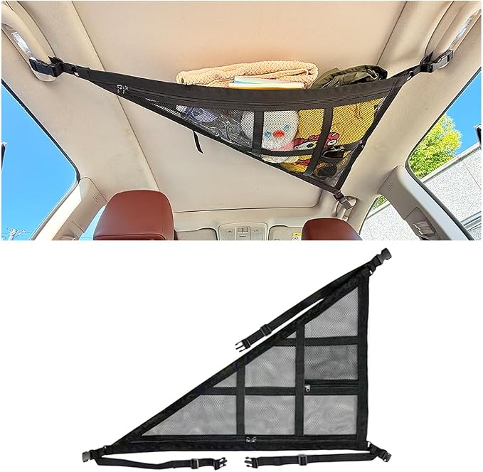 Car Ceiling Cargo Net Pocket, Double-Layer Mesh Strengthen Load Bearing Vehicle Roof Storage Organizer, Auto Interior Cargo Net with Zip Seal, Compatible with Three Handles Vehicle (Black)