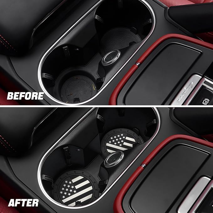 Osilly Car Cup Holder Coasters, 4 Pack American Flag Insert Car Cup Coaster, 2.75 Inch PVC Anti Slip Shockproof Embedded Drink Mat, Car Interior Decoration Accessories for SUV, Truck (Black)