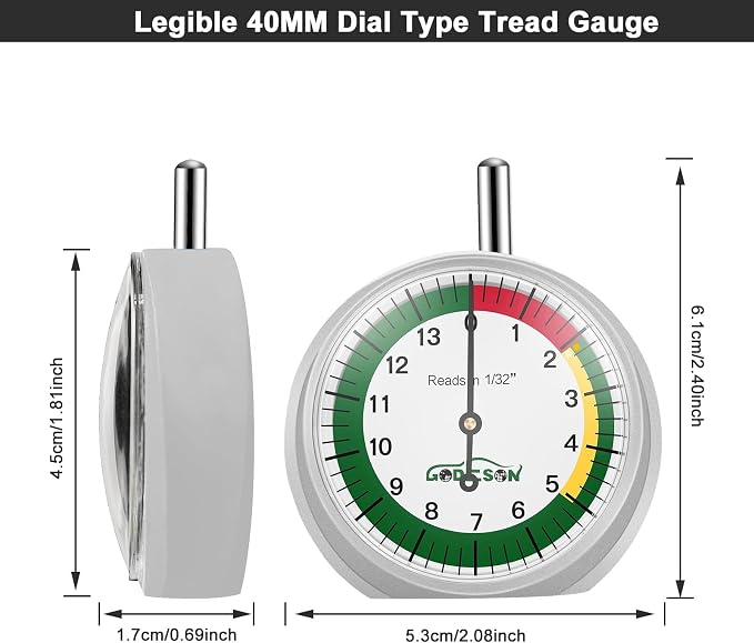 GODESON Tire Tread Depth Gauge,Dial Type Tire Depth Gauge in 32nds,Color-Coded and Easy Reading Tread Depth Gauge Professional for Motorcycle, Car,Truck and Bus, Silver Powder-Coated Zinc Alloy Casing