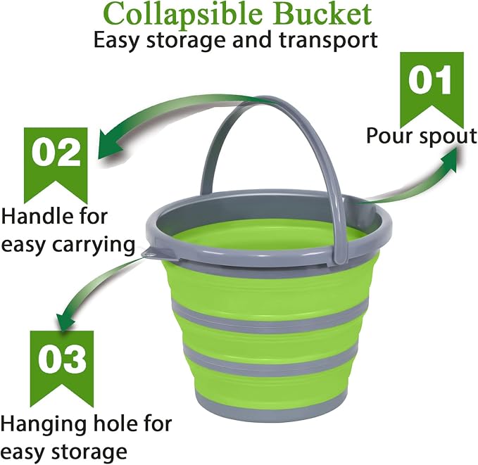 Collapsible Bucket with 3-in-1 Car Wash Mitt, Coral Velvet + Weave + Chenille Microfiber Glove Sponge, 10L (2.6 Gallon) Portable Folding Basin Pail for Household Cleaning