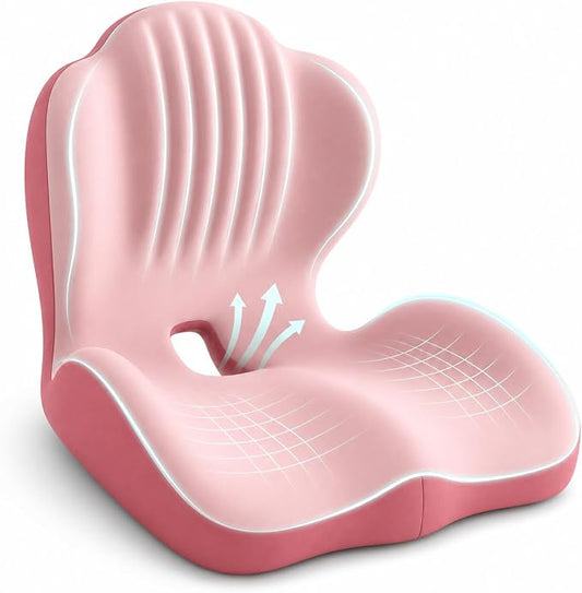 Saker Ergonomic Memory Foam Seat Cushion with Back Support, 2-in-1 Coccyx Cutout Chair Pad for Office, Car, Gaming Chair and Wheelchair, Contoured Lumbar Support for Long Sitting (Pink)