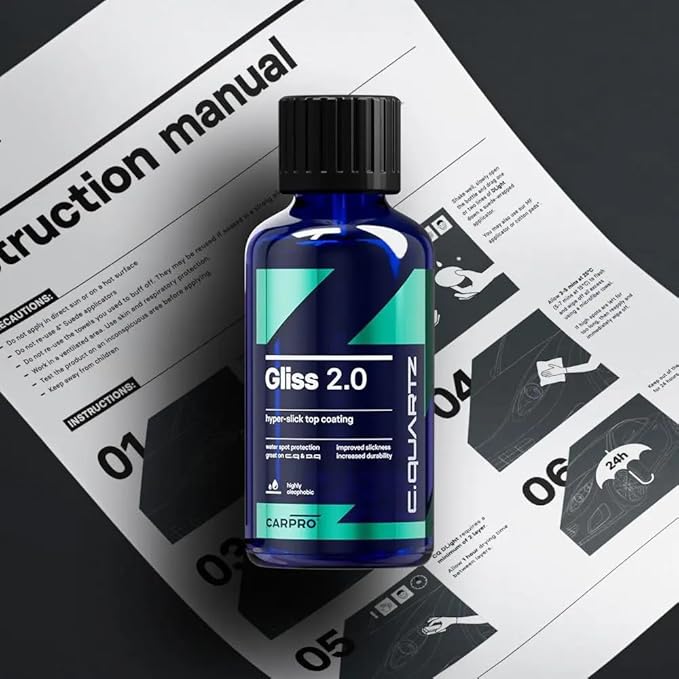 CARPRO Gliss 2.0 - Ceramic Coating for Cars - Hydrophobic Topcoat – Extreme Slickness & Water Spot Protection w/Microfiber Applicators - Repels Oil, Dirt & Grime Making Car Easy to Clean - 30ml Kit