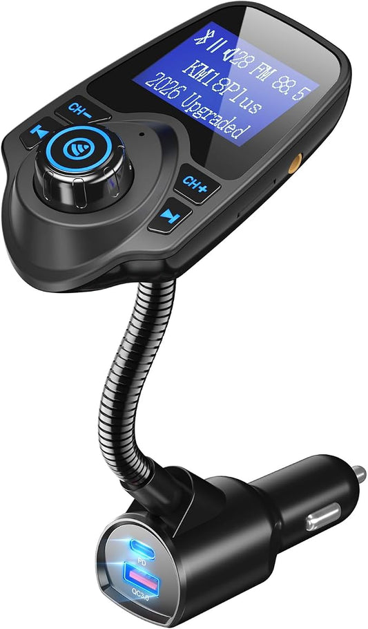 Nulaxy KM18plus Bluetooth 5.4 Car FM Transmitter,1.44" Large Screen Wireless Radio Adapter with 48W Dual Fast Charging (PD 30W & QC 18.0), Hands-Free Call, Matte Black