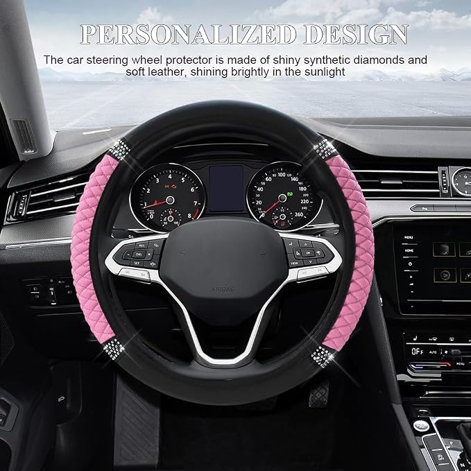 Bling Soft Leather Steering Wheel Cover, 15 Inch Colorful Rhinestones Auto Elastic Steering Wheel Protector for Women Girls, Car Accessories Anti Slip Steering Wheel Cover for Cars, SUVs (Pink)