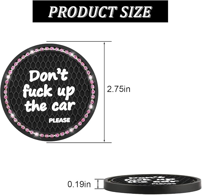 2 Pack Bling Car Coasters for Cup Holder, Crystal Rhinestone 2.75 in Cup Holder Coaster, Silicone Anti-Slip Insert Cup Mats for Women, Interior Accessories Universal for Most Cars (Black/Pink)
