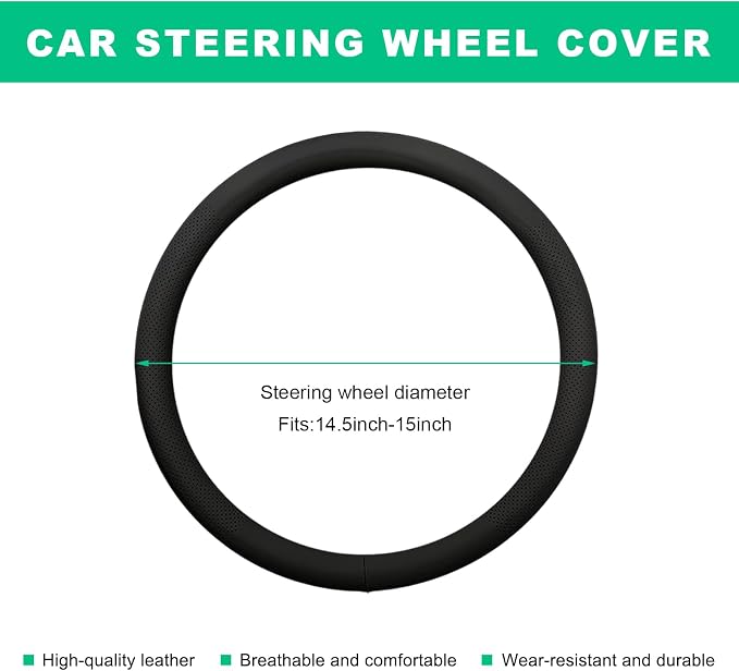 Car Steering Wheel Cover, 15" Breathable Leather Auto Wheel Protector with Comfortable Grip, Non-Slip Perforated Steering Wheel Protective Cover for SUV Truck Sedan Van (Black)