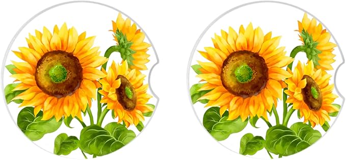 Sunflower Car Coasters for Drinks Absorbent,2 Pack Cup Holders,2.56" Ceramic Stone & Non-Scratch Cork Base Coasters,Auto Accessories for Women & Men