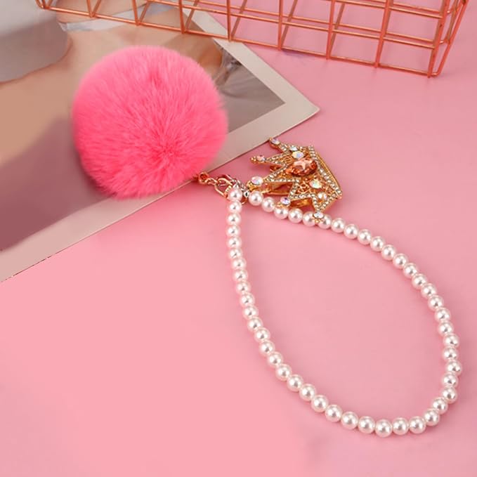 Pink Bling Car Accessories for Women Furry Pom Pom Crown with Pearl Chain Car Mirror Hanging Accessories for Women