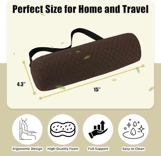 Coeyese Lumbar Roll Pillow for Lower Back Support, Dark Brown, 15 * 4.3'' | Removable Pillowcase, Upgraded Adjustable Strap, Suitable for Office, Chair, Car, Seat Pain Relief & Improving Posture