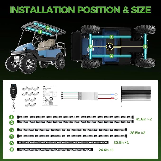 10L0L Golf Cart Underglow Light Kit with Canopy Lights, IP67 Waterproof, 24 Dream Color Modes Wireless Remote Music Sync, 12V-80V Wide Voltage Fit for Yamaha EZGO Club Car