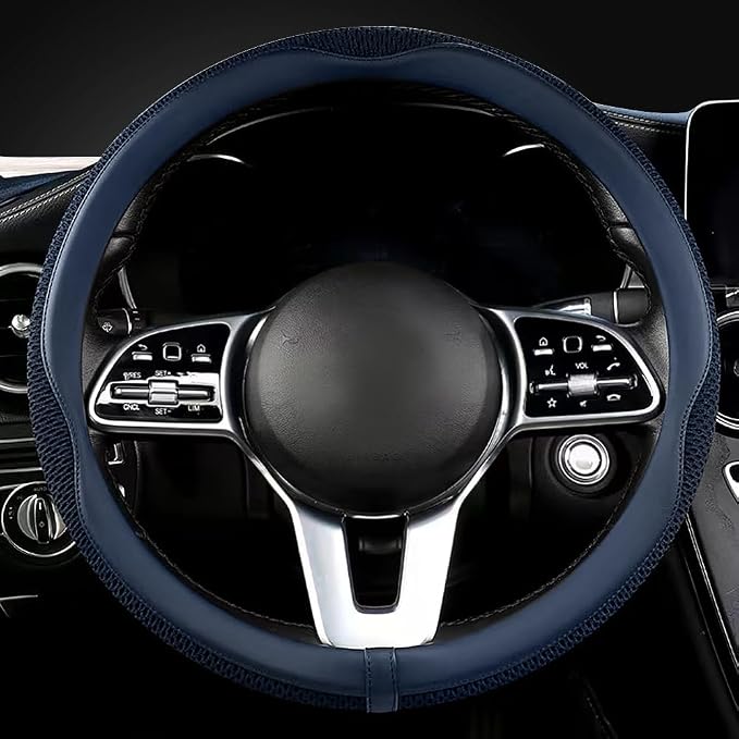 LKWLIKEI Car Steering Wheel Cover, Universal 15 inch, The Latest Microfiber Leather Breathable Technology Fabric, Non-Slip, Comfortable, Warm in Winter and Cool in Summer, Blue