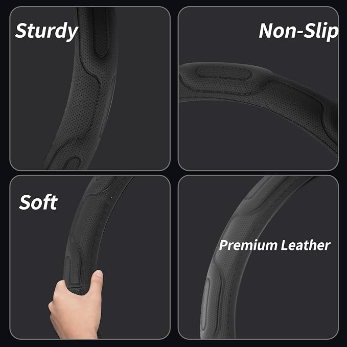 Steering Wheel Cover with Anti-Slip Leather Grip Compatible with Ford, Toyota, Honda, Nissan, and Chevrolet Vehicles for 14.5-15.35 inch Round Steering Wheels Universal Car Accessories