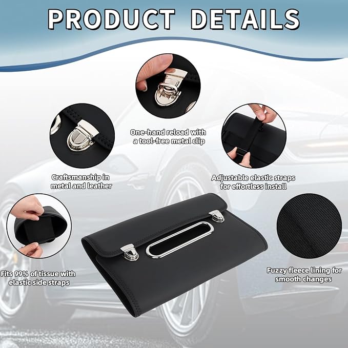 Car Tissue Holder, PU Leather Large Back Seat Tissue Box with Adjustable Straps, Trendy Rectangle Napkin Holder for Car, can Holding on Headrest/Sun Visor/Console