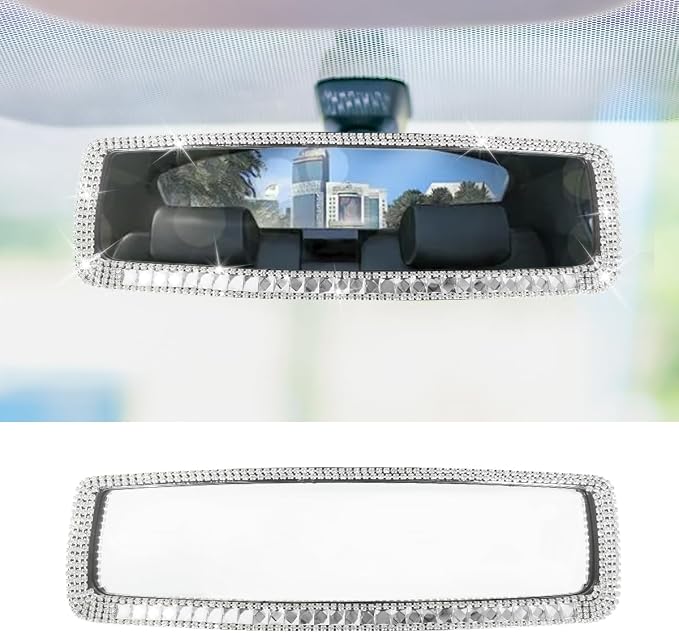 Bling Car Rear View Mirror, Clip-On Rhinestone Car Rearview Mirror with Crystal Diamonds, HD Glass Auto Interior Rear View Mirror, Car Decoration Accessories for Women Men Teens (Silver)