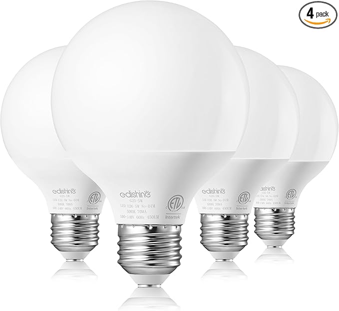 EDISHINE Vanity Light Bulbs, G25 LED Bathroom Light Bulbs, 25 Watt Equivalent Globe Light Bulb, CRI90+ 5000K Daylight White 450LM, E26 Base, 4 Pack Non-dimmable, ETL Listed