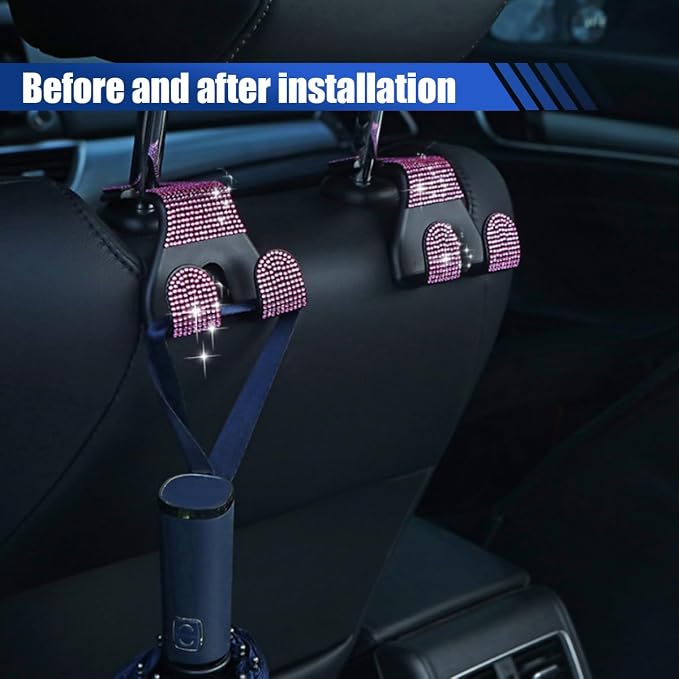 LAINLOY 2PCS Car Seat Headrest Hooks, Shiny Crystal Hanger Holder, Backseat Hanger Storage Organizer, Bling Rhinestone Car Purse Hook, Car Accessories for Women Universal for SUV Truck Vehicle (Pink)