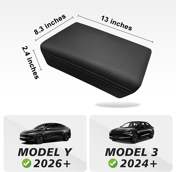 Muslogy Center Console Armrest Cover Fit for 2026 2025 Tesla Model Y Juniper & Model Y L (Standard, Premium &Performance) / Model 3 Highland 2024+ Accessories Comfort Armrest Pad Snap-On (Hard Cover)