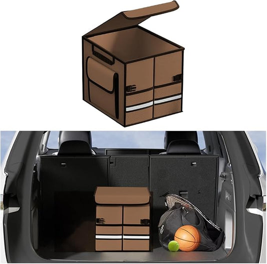 Car Trunk Organizer, Multi-Compartment Collapsible Vehicle Cargo Storage Organizer with Lid, Non Slip Waterproof Storage Box with Reinforced Handles, Universal Automotive Accessories (Coffee)