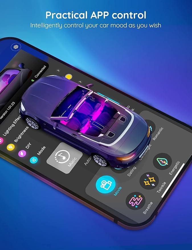 Govee Car LED Lights, RGB Smart Car Interior Lights, App Control | DIY Mode and Music Mode, 2 Lines Design LED Lights for Cars with Car Charger, 12V